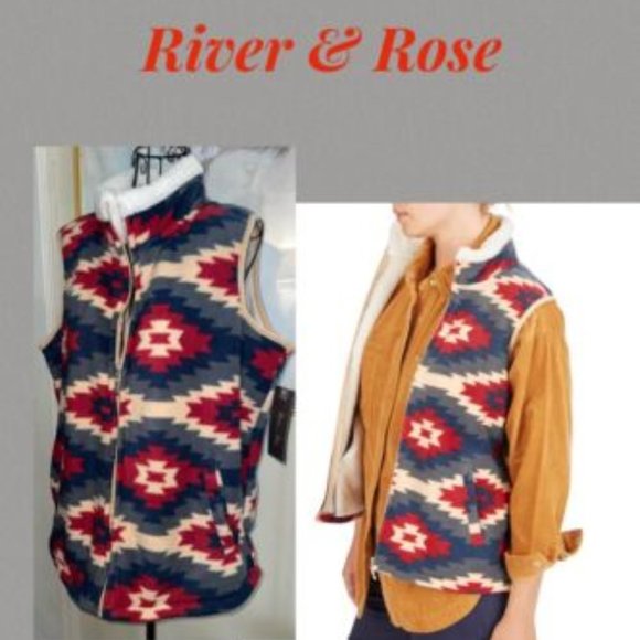 RIVER & ROSE SOUTHWEST PRINT SHERPA LINED FULL ZIP VEST~BLUE,RED~XL - Picture 1 of 6